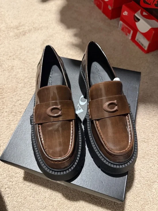 Coach Brown Leather Platform Penny Loafers - Picture 6 of 9